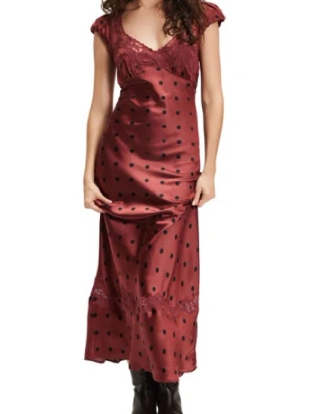 NWT Free People Butterfly Babe Polka Dot Maxi Dress in Cedar Combo (Burgundy)